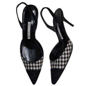 Manolo Blahnik Kitten Heels Carolyne 50 houndstooth wool-tweed slingback Sz 8